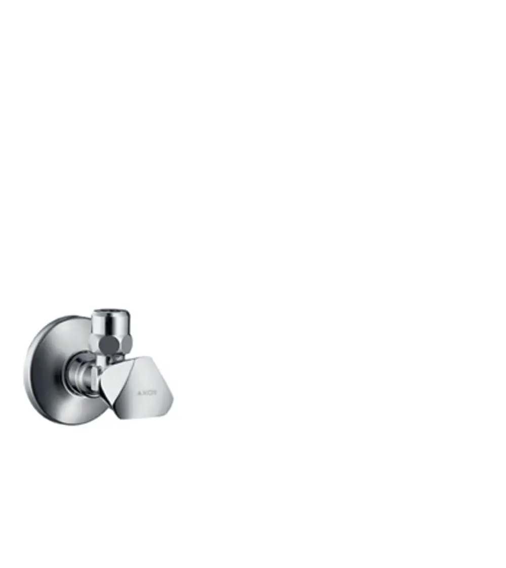Eckventil in Chromfinish mit AXOR-Branding, montiert an einer Wand, das eine Verbindung zu Rohrleitungen ermöglicht. Einfaches, funktionales Design.
